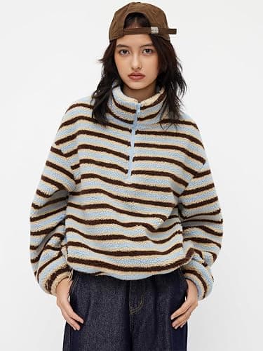 CIDER Fleece Stripe Stand Collar Drawstring Half Zip Oversized Sweatshirt thumbnail 2