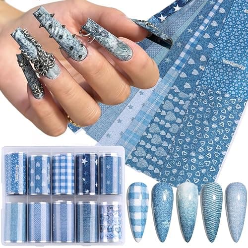 FSpronail Denim Nail Foil Transfer, 10 Rolls/Box Blue Jeans Prints Plaids Nail Stickers Foil Transfer Sheets Hearts Stars Decals Starry Paper Punk Decoration Manicure Wraps Pegatinas Uñas Salon Supply - Image 1