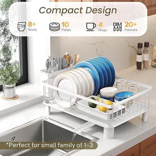 SNTD Dish Drying Rack - Small Dish Rack for Kitchen Counter, Stainless Steel Dish Drainer with Utensil Holder and Drainboard, 11" W x 15" L (White) thumbnail 3