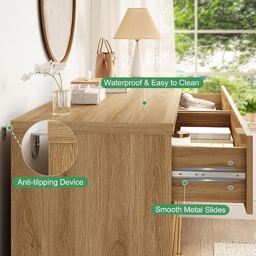 IBF Rattan Dresser for Bedroom, Wood Boho 6 Drawer Dressers, Large Dresser Chest of Drawers for Closet, Wide Clothes Storage Organizer with Deep Drawers for Living Room and Hallway, 51.2 Inch, Oak thumbnail 4
