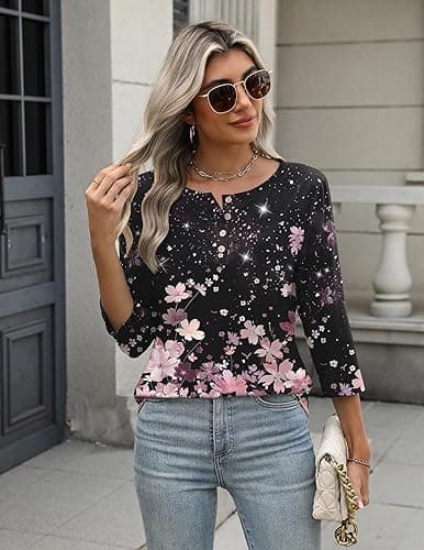 Zeagoo 3/4 Length Sleeve Women Tops Crew Neck Blouses Dressy Casual Summer T Shirts Loose Fit Business Work Clothes thumbnail 6