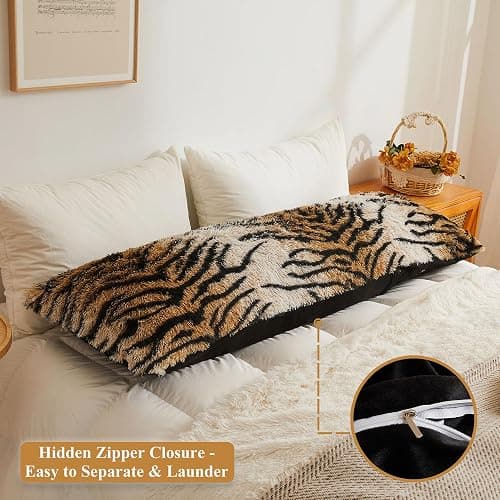 XeGe 20x54 Fluffy Body Pillow Cover, Tiger Print Plush Fuzzy Faux Fur Body Pillowcase with Zipper, Rectangular Shaggy Furry Long Pillow Cover for Pregnant Women Side Sleeper, Tiger Print Brown thumbnail 3