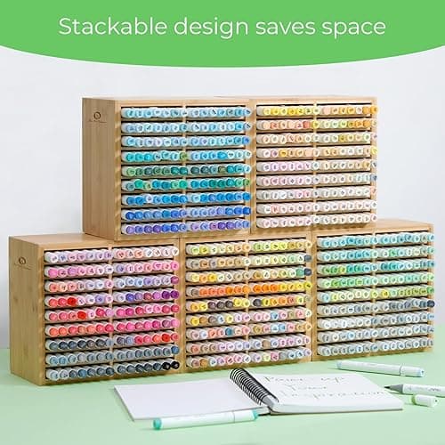 Ohuhu Bamboo Marker Organizer, Wooden Desktop Storage Hold 126 Markers, Pens, Pencils, Art Brushes Stationary Organizer Pencil Holder with 18 Compartments for Home, Classroom, Office Decor - Hold 126 Markers thumbnail 9