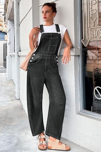 PLNOTME Womens Denim Bib Overalls Barrel Leg - Blaxk thumbnail 2