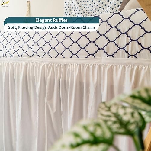 Shreem Linen Dorm Bed Skirt Twin XL 32 Inch Drop, 100% Microfiber Extra Long College Dust Ruffle Bedskirt, White thumbnail 3