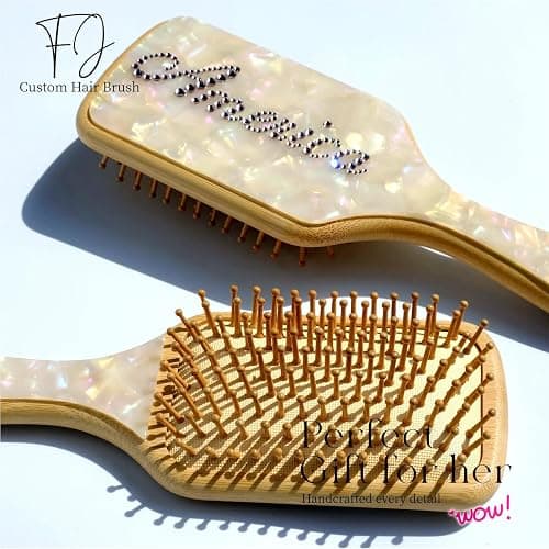 Personalized Rhinestone Hair Brush with Name - Custom Bling Hairbrush for Women & Girls, Handmade Marble Bamboo Wood Brush for Scalp Massage, Detangling, Gifts(Shell White) thumbnail 3