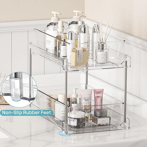 Vtopmart 2 Tier Bathroom Storage Organizer, 2 Pack Clear Under Sink Organizers Vanity Counter Container, Cabinet Drawers Bins, Pull-Out Organization with Track for Pantry, Kitchen thumbnail 5
