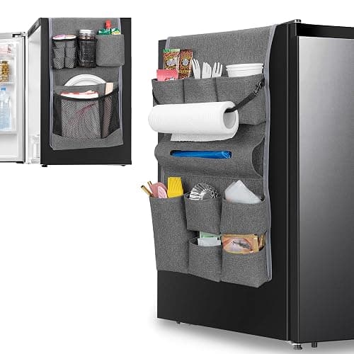 Rexmica Mini Fridge Organizer, Dust Cover with 14 Pockets for Most Household Refrigerators, Hanging Mini Fridge Caddy Organizer Storage Bag for Dorm, Office, Kitchen, Home, School, Gray - Image 1