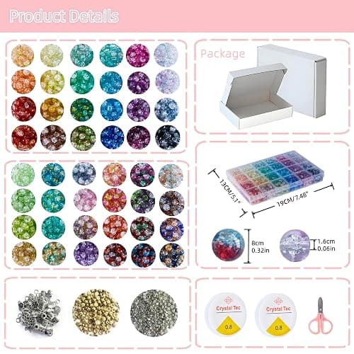 1300PCS 8mm Mixed Crackle Glass Beads for Bracelets Making with Accessories, 48 Colors Crystal Glass Beads Jewelry Making Kit, Round Beads for DIY Bracelet Crafts thumbnail 2