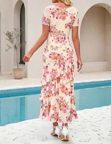 ZESICA Women's Summer Floral Bodycon Maxi Dress 2026 Square Neck Mesh Ruffle Elegant Cocktail Wedding Party Long Dresses thumbnail 3