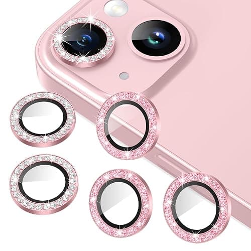 AGVEE 3+3 6 Pack Camera Lens Protector Compatible with iPhone 15/15 Plus, Bling Diamond & Glitter Metal Ring 9H Tempered HD Glass Camera Protector Cover Film, Bling-Pink - Image 1