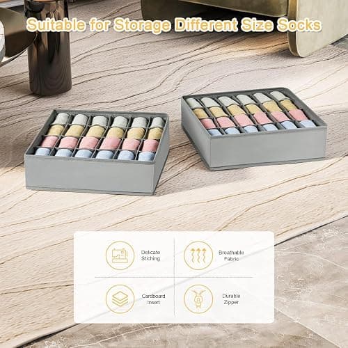 Joyoldelf 2 Stück Aufbewahrungsboxen für Socken und Unterwäsche, 24 Zellen Faltbare Boxen (Faltbox, Drawer Dividers, Schubladen Organizer Stoffboxen zum Aufbewahren von Socken（Grau） thumbnail 6