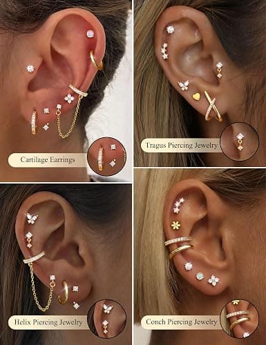 Besteel Hypoallergenic Flat Back Earrings for Women - 14K Gold Plated Cartilage Earring Stacks 20G Surgical Stainless Steel Flatback Stud Hoop Earring Set Conch Tragus Helix Piercing Jewelry thumbnail 3