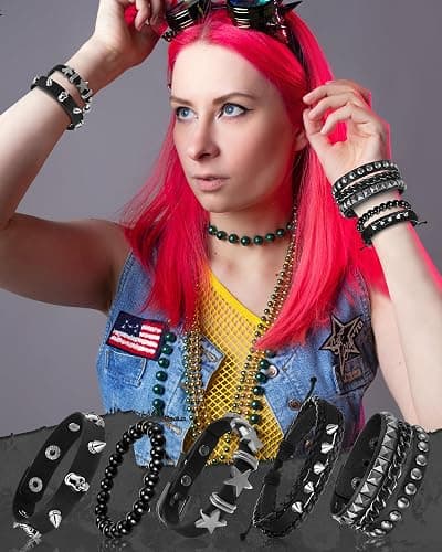 Hicarer 9 Pieces Spiked Studded Bracelet Black Leather Rivet Punk Bracelet Cuff Wrap Bangle Snap Button Metal Wristband for Men Women thumbnail 3