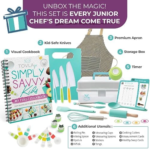 TOVLA JR Kids Real Cooking and Baking Ultimate Gift Set | Montessori Kid-Safe Knives, Apron, Visual Cookbook, Timer, Storage Case & Tools | Premium Christmas & Birthday Gift for Girls & Boys thumbnail 2
