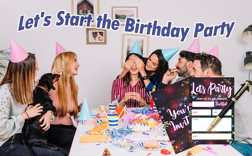 CLIRBE Let's Party Birthday Party Invitations, Glow Neon Invited Birthday Invitations For Teen Boys Girls, 20 Invites Cards With 20 Envelopes, Party Supplies Favors -H16 thumbnail 5