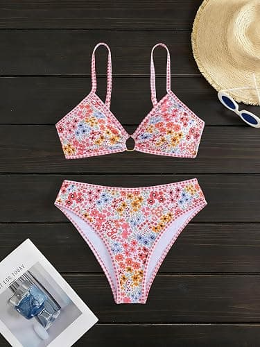 Tainehs Women's Two Piece Bikini Sets O Ring Front Top Ditsy Floral Triangle Swimsuits Cheeky Bathing Suit thumbnail 4