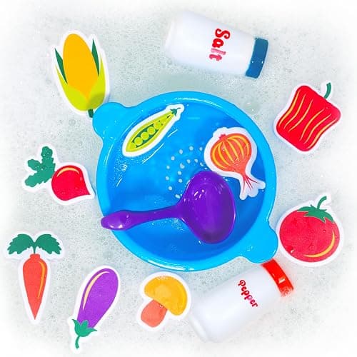 Tub Works® Tub Soup™ Scoop, Strain & Play Toddler Bath Toy | Floating Foam Veggies, Ladle for Scooping & Soup Pot for Straining | Pretend Play Cooking Kids Bath Toys | Creative Bathtub Toys thumbnail 8