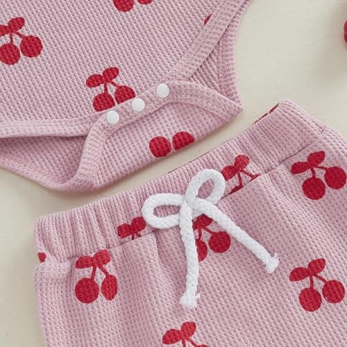 Kaipiclos Cherry Baby Outfit Newborn Infant Girl Clothes Rib Knit Romper & Shorts Waffled Baby Clothes for Girls 0 3 6 12 18M thumbnail 6