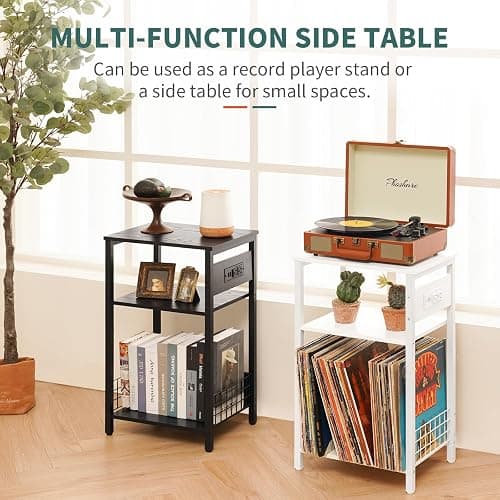 Yoobure Record Player Stand, 3-Tier White Side Table with Charging Station, Small End Table Record Holder with Vinyl Storage, Beside Tables Turntable Stand for Album CD, Night Stand for Living Room thumbnail 8
