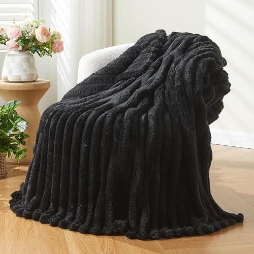 NEWCOSPLAY Fleece Ribbed Cozy Throw Blanket for Couch, Black, 50"x60" | Premium Silky Flannel Blanket, Soft Lightweight Fluffy Throw Blanket for Bed Sofa Decor, Gift for All Season Use - Image 1