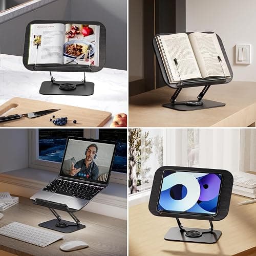 SupeDesk Book Stand for Reading, Adjustable Book Holder with 360° Rotating Bases, Foldable Designs, and Elastic Clips, Multifunctional Display Stand for Recipe, Cookbooks, Magazines, Tablets (Black) thumbnail 3