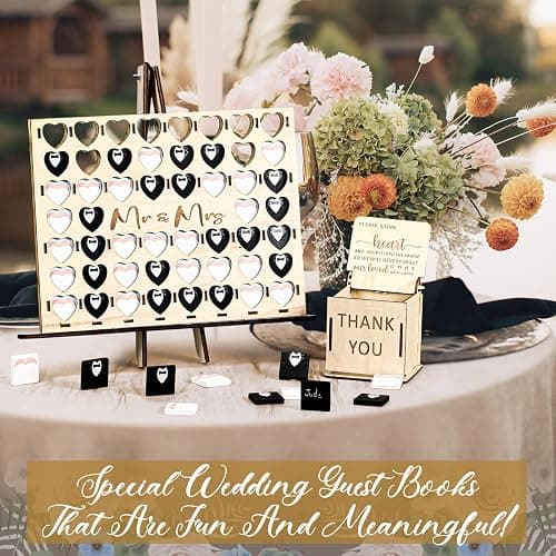 54 Pcs Fun Wedding Guest Book Alternative Set Four in a Row Game for Reception, with Mr & Mrs Wooden Heart Sign Guest Book for Wedding Party Games Ideas, Bridal Shower, Engagement, Anniversary Unique thumbnail 2