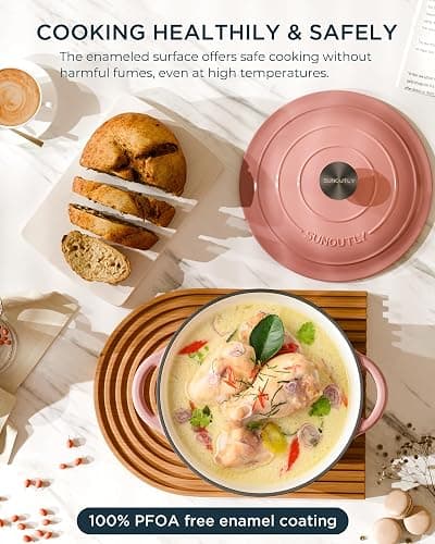 Enameled Cast Iron Dutch Oven - 6QT Dutch Oven Pot with Lid & Cotton Potholders - Heavy-Duty Non Stick Casserole Pot for Braising, Stews, Roasting, Baking, Suitable for All Stovetops, Gentle Pink thumbnail 3