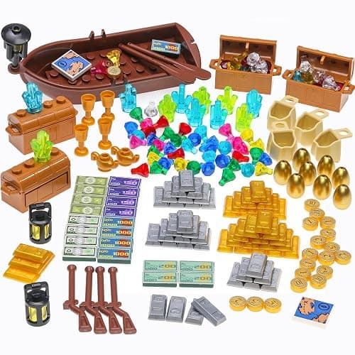BrickBounty 220 Pcs Pirate Treasure Money Parts Building Blocks, Expedition Wooden Boats Treasure-Maps, Cash Chests with Gold Nuggets, Pretend Play Dollar for Friends City Farm Series Bricks - Image 1