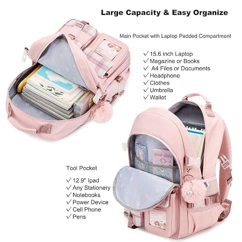 KIDNUO Backpack for Girls, 15.6 Inch Laptop School Bag Kids Kindergarten Elementary College Backpacks Large Bookbags for Teen Girl Women Students Casual Travel Daypacks (Pink) - Large - Pink thumbnail 4