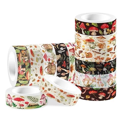 MOZUI 12 Pcs Mushroom Washi Tapes Set Forest Mushroom Vintage Masking Tape Mushroom Themed Decorative Tape Mushroom Printed Decorative for DIY, Planner, Scrapbooking, and Party Decor - Image 1