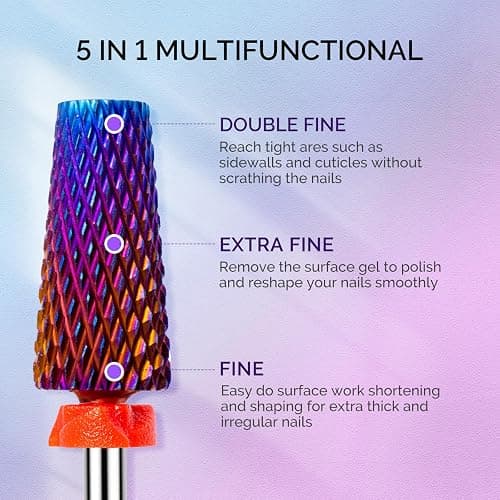 MelodySusie 3Pcs Nail Drill Bits Set, 3/32'' Carbide Tungsten Bits, 5 in 1, Smooth Round Top Large Barrel and Tornado Bits, Suitable for Manicure Pedicure Cuticle Gel Acrylic Remover, Purple thumbnail 3