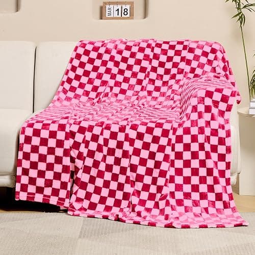 FY FIBER HOUSE Checkered Flannel Fleece Throw Blanket Soft Cozy Checkerboard Grid Print Chessboard Gingham Pattern Blankets for Bed Couch Sofa, 50"x60", Hot Pink - Hot Pink - 50"X60" thumbnail 2