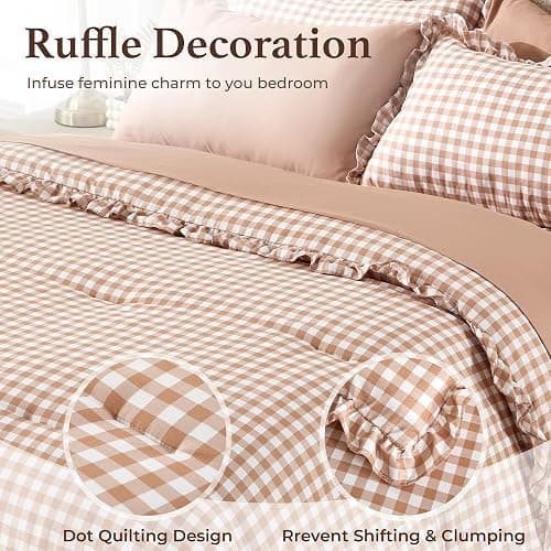 BDEUS 7 Pieces Gingham Ruffle Comforter Set Full Size, Brown Grid Tartan Bedding Set, Soft Breathable Fabric Comforter with Flat Sheet, Fitted Sheet, 2 Pillowcases & 2 Shams, 82"X86" thumbnail 7