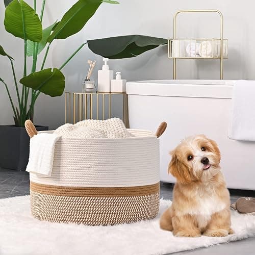 KAKAMAY Large Blanket Basket (20"x13"),Woven Baskets for storage Baby Laundry Hamper, Cotton Rope Blanket Basket for Living Room, Laundry, Nursery, Pillows, Baby Toy chest (White/Brown) thumbnail 4