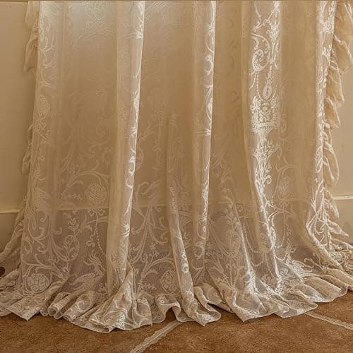 TUDECO Beige Lace Curtains for Bedroom - Floral Sheer Boho Crochet Curtains 63 Inch Length, Natural Ruffle Short Rod Pocket Light Filtering Window Treatment Grandma Core Decor, 59 x 63 Inch thumbnail 5