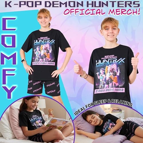 KPop Demon Hunters Officially Licensed 2-Pc Pajamas Set Girls, 5–14 Yrs, Soft PJs Lounge Set T Shirt Shorts, Gifts for Girls thumbnail 3