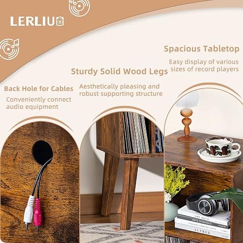 Lerliuo Record Player Stand, Brown Turntable Stand Holds up to 160 Albums, Mid-Century Vinyl Storage Cabinet Table with Solid Wood Legs, Record Player Holder Dispaly Shelf for Bedroom Living Room thumbnail 6