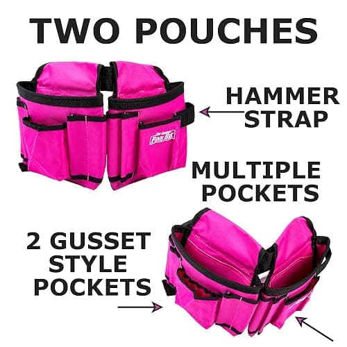 The Orignal Pink Box 2-Pouch 10-Pocket Canvas Tool Belt with Hammer Loop, and Adjustable Waist, Pink thumbnail 4