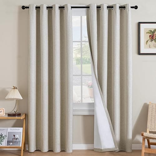 H.VERSAILTEX Linen Curtains 100% Blackout Curtains for Bedroom 84 inch Long Full Light Blocking Nature Linen Blended Window Curtains for Living Room Nickel Grommet (2 Panels, Heathered Linen) - Image 1