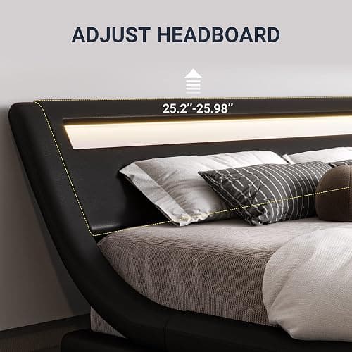 Allewie Queen Size LED Platform Bed Frame with Adjustable Headboard/No Box Spring Need/Easy Assembly/Faux Leather in Black thumbnail 4