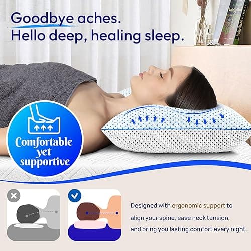 Adjustable Cooling Gel Memory Foam Pillows Queen Size for Sleeping 1 Pack,Firm Thick Bamboo Rayon Shredded Foam Bed Pillows for Side, Back, Stomach Sleepers Washable Breathable Pillowcase,College Dorm - White - Queen (Pack of 1) thumbnail 6