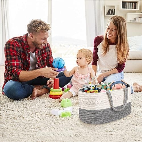 Maliton Baby Windel Caddy Organizer，Wickeltisch Organizer Aufbewahrungskorb mit Herausnehmbaren Fächern，Robuster Tragbarer Baumwollseil Windeltasche als Babyparty Geschenk，Grau - Grau - M thumbnail 6