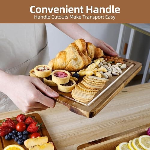 Acacia Wood Cutting Board Set of 4 with Stand, Wooden Chopping Boards with Food Icons for Kitchen, Charcuterie Board for Meat, Vegetables, Fruits, Cheese thumbnail 7