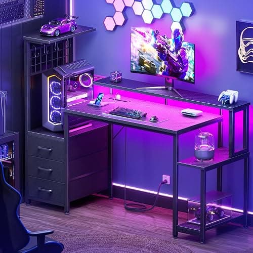 Korfile 48 Inch Gaming Desk with LED Lights & Power Outlets,Computer Desk with Fabric Drawers & Side Hook,Reversible Gamer Table with Monitor Stand for Game Room,Home Office,Carbon Fiber Black thumbnail 2