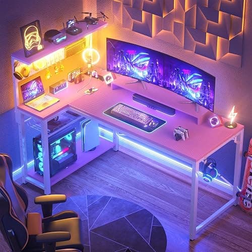 Homieasy Small Gaming Desk with Power Outlets Pegboard LED Light, 51 Inch L Shaped Computer Desk with Monitor Stand Storage Shelves, Reversible Corner Desk with Headset Hooks, Carbon Pink - Carbon Fiber Pink - 51 inch thumbnail 2