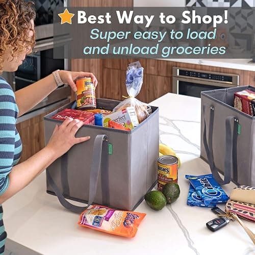 Reusable Grocery Bags (3 Pack) – Heavy Duty Reusable Shopping Bags with Box Shape to Stand Up, Stay Open, Fold Flat – Large Tote Bags are Foldable with Long Handles & Hard Bottom (Navy Blue) thumbnail 6