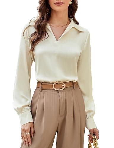 GRACE KARIN Women's Satin Silk Blouse Lapel V Neck Long Sleeve Casual Work Blouse Shirts Pullover Tops - Apricot - XX-Large - Image 1