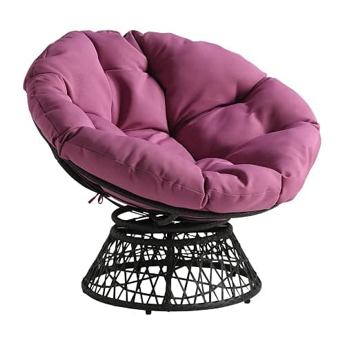 OSP Home Furnishings Wicker Papasan Chair with 360-Degree Swivel, Grey Frame with Purple Cushion - Image 1