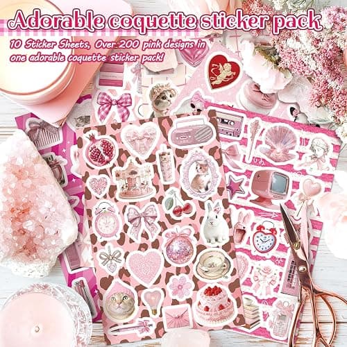 200PCS Pink Coquette Stickers for Girls, Cute Aesthetic Vinyl Stickers for Scrapbooking, Laptop, Phone, Guitar & Water Bottles thumbnail 5